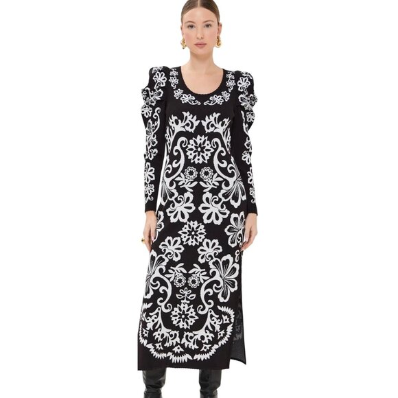 Farm Rio Cashew Mandala Knit Long Puff Sleeve Midi Dress in Black Size XXS New - Picture 1 of 6